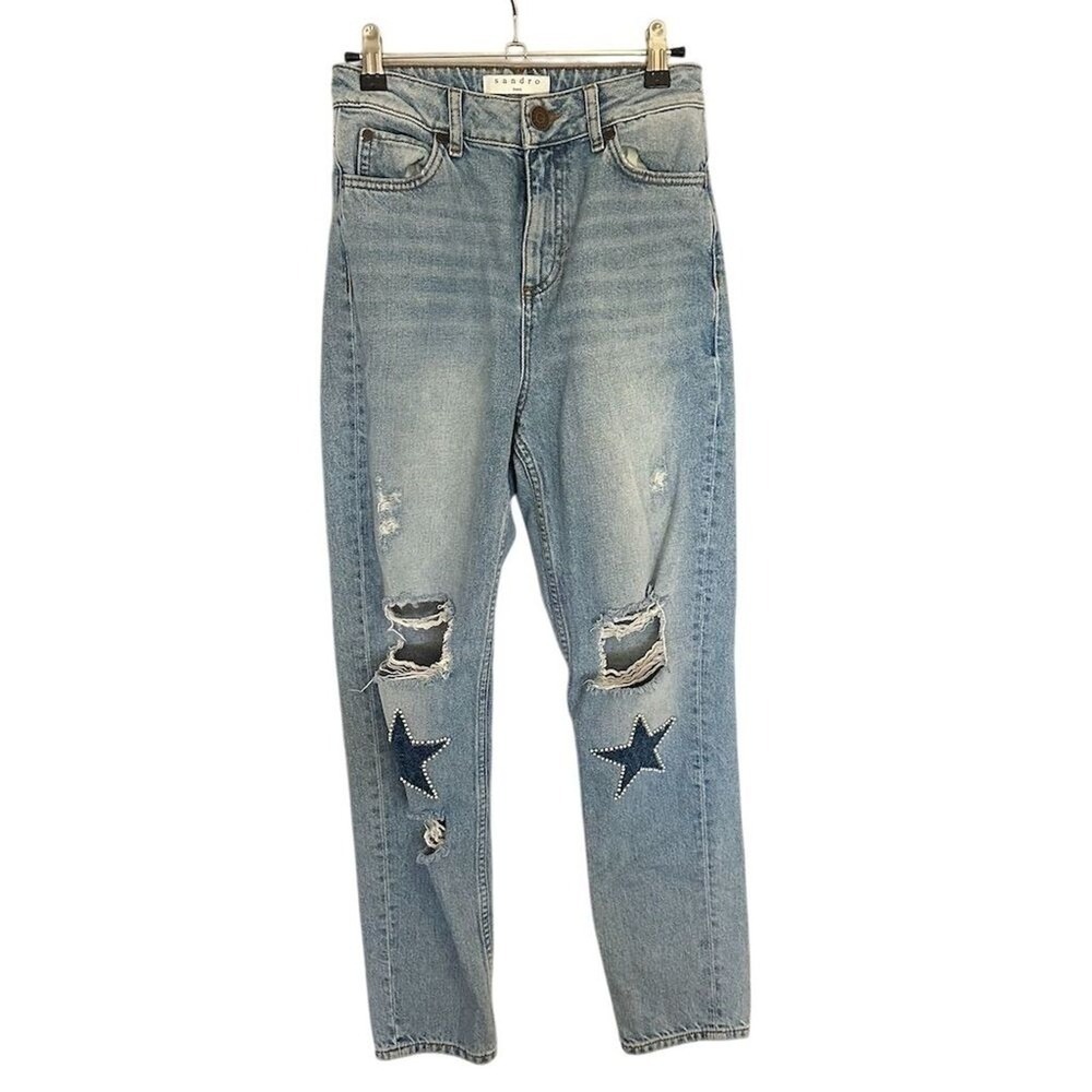 Sandro Paris Monaco Pearl Star Embellished Patch Jeans Womens 25" Blue Light - Picture 2 of 11